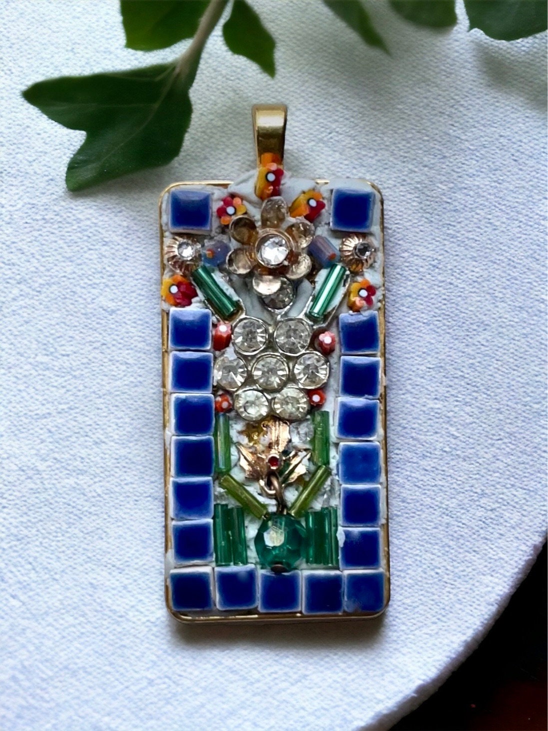 Mixed Material Micro Mosaic - tile, glass, metal and rhinestones - Assemblage art necklace pendant