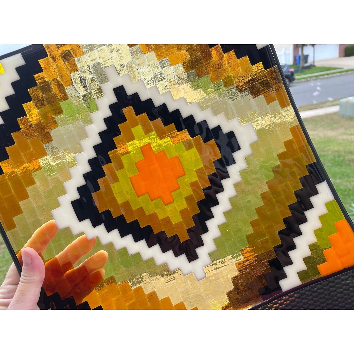 Stunning vintage artist signed fused glass serving dish in a patchwork quilt design