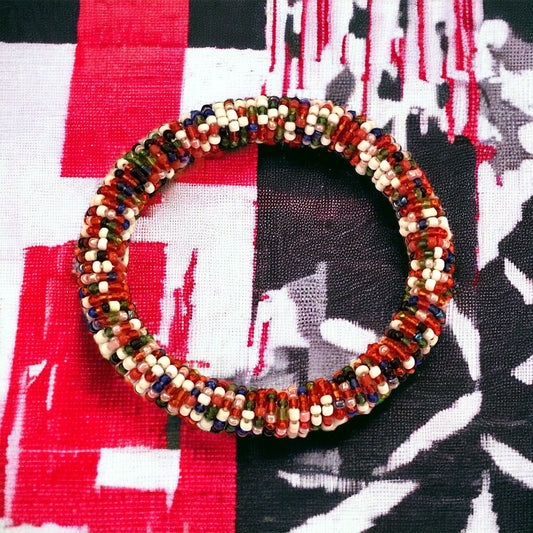 Seed beaded vintage bangle bracelet - Shades of red, white and dark navy blue