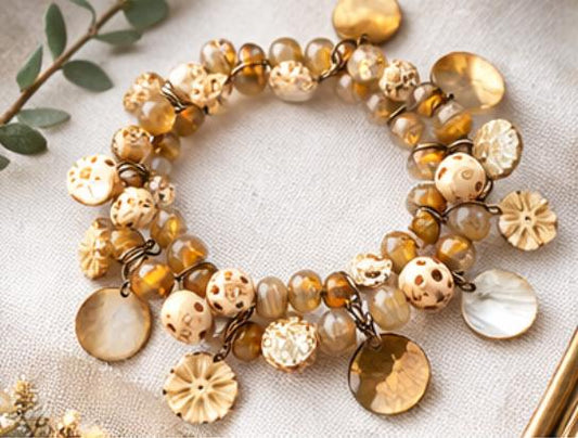 Vintage Beaded Charm Bracelet • Honey Amber Glass Beads • Carved Bone Beads • Mother of Pearl Charms • Boho Artisan Bracelet