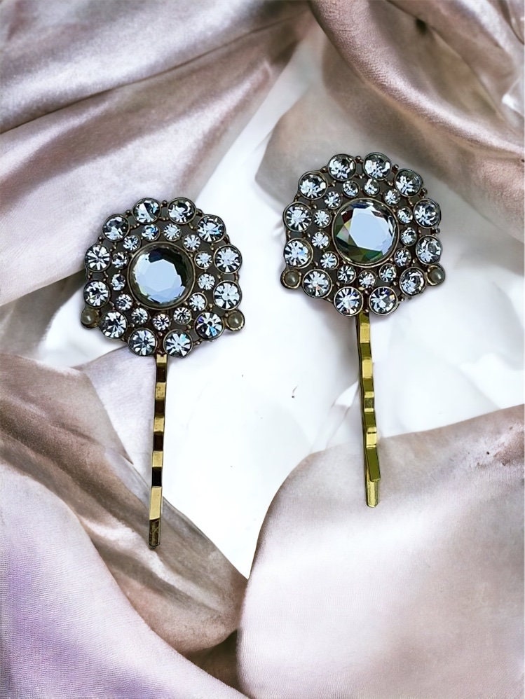 Pair of rhinestone hair combs or hair pins - all white rhinestones trimmed with tiny faux baby pearls