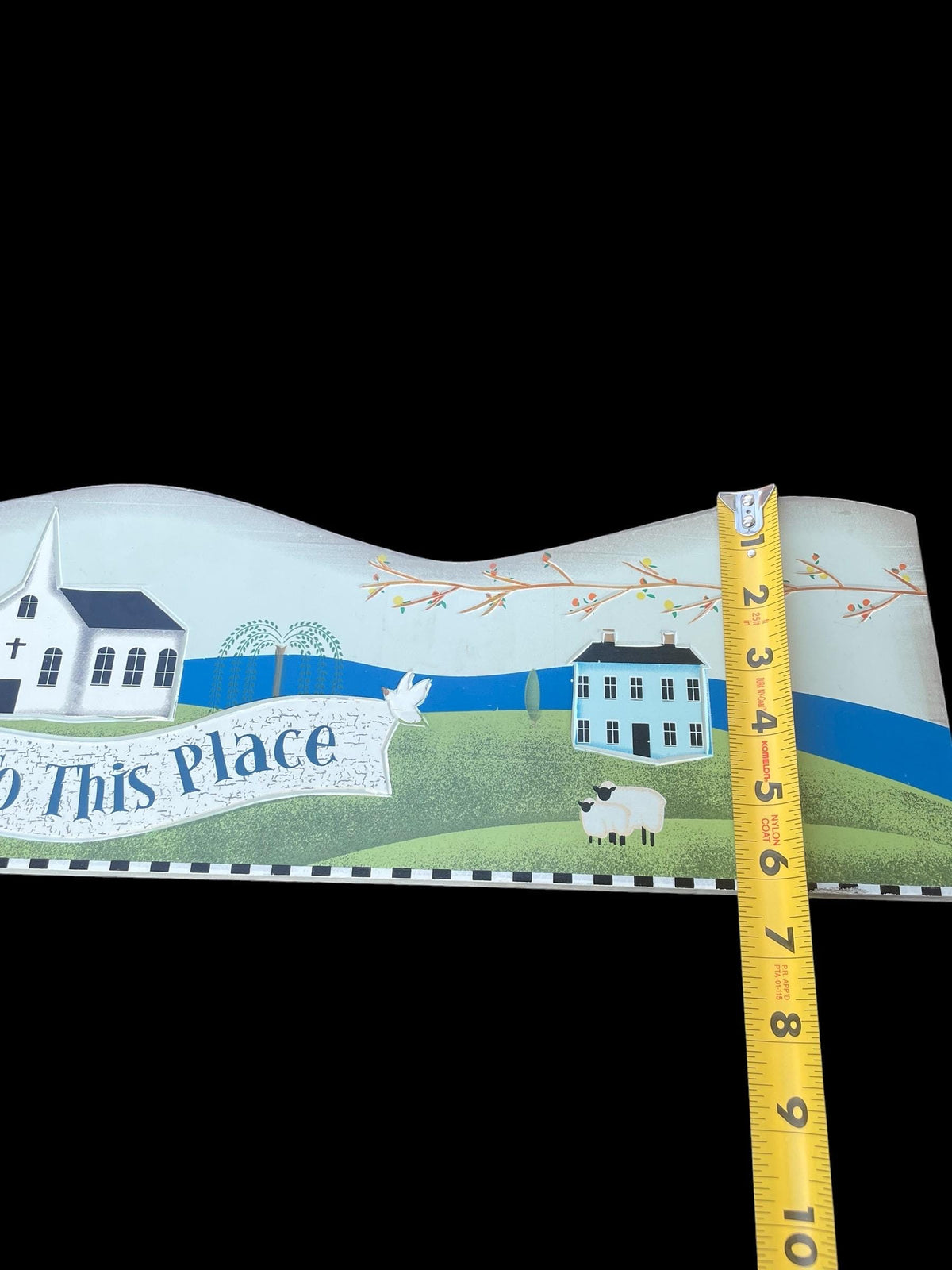 Folk Art Wooden Wall Plaque – “Peace to This Place” Country Village Scene with Sheep & Church – Primitive Farmhouse Decor