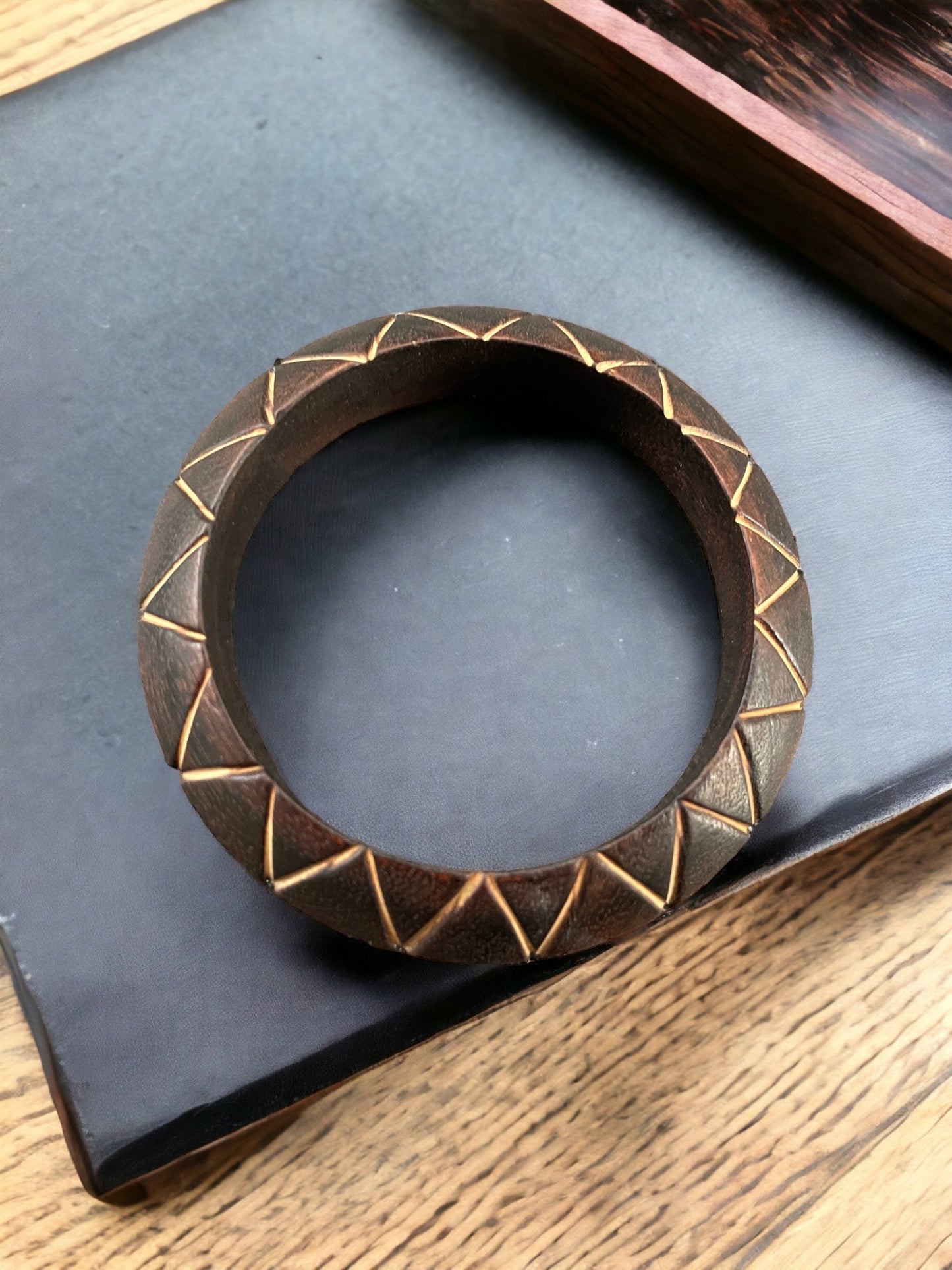 Etched wood vintage bangle bracelet