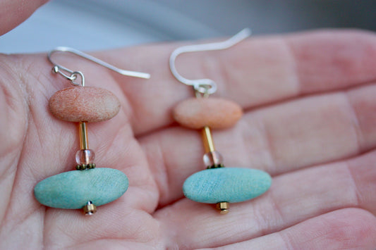 Turquoise and terra cotta colored dyed vintage drfitwood, emerald colored green crystal and copper colored metal handmade dangle earrings