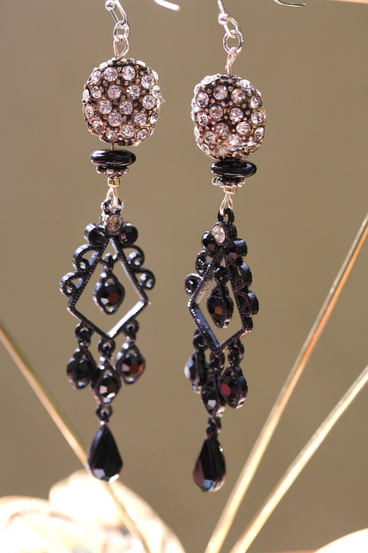 Mixed materials one-of-a-kind handmade dangle earrings - upcycled vintage rhinestones, new and vintage elements