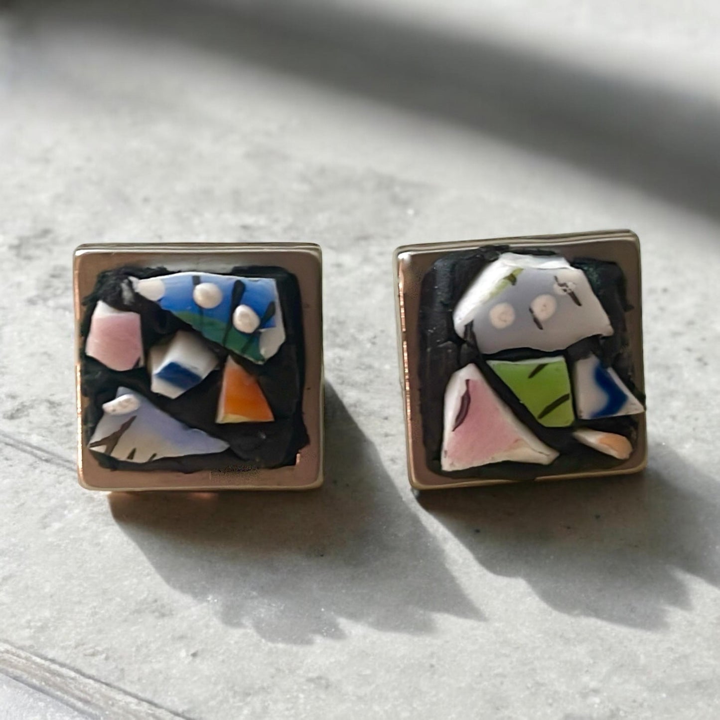 Mosaic tile abstract square stud earrings - 1/2"
