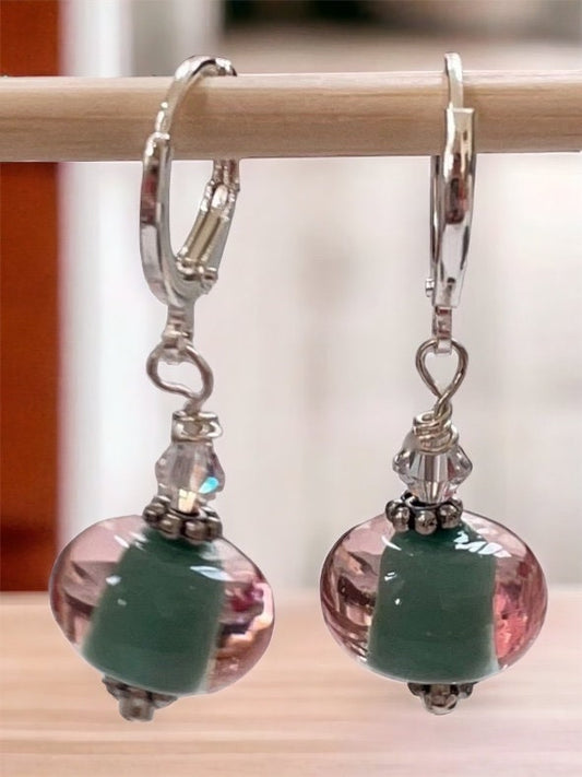 Stunning celadon green and clear glass huggie dangle earrings