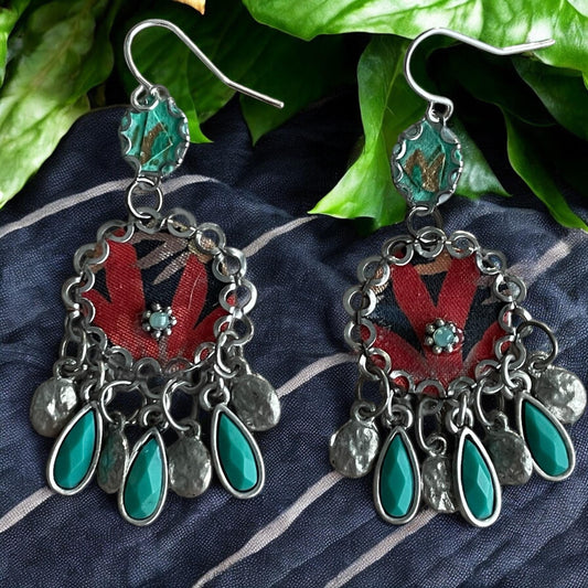 Red & turquoise mixed media earrings made with handmade paper, fabric, turquoise colored vintage dangles.  Sterling ear wires.