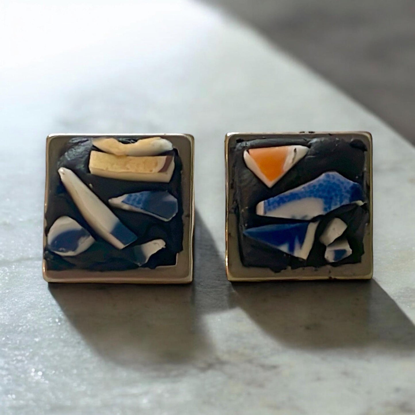 Square Stud Earrings: Vintage Dish Mosaic - Handcrafted Glass