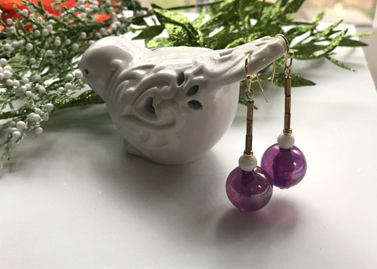 Handmade earrings with upcycled vintage purple glass ball dangles