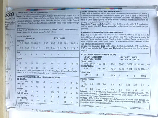 UNCUT Sewing Pattern - Simplicity 5338 Sewing Pattern, Unisex Child's, Teens' and Adult's Pajamas. Size XS-XL