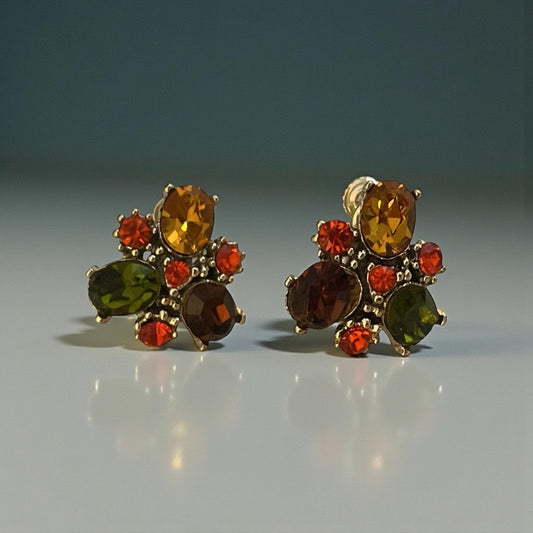 Vintage Multicolor Rhinestone Cluster Screwback Earrings | Statement Screwback Earrings | Retro Costume Jewelry
