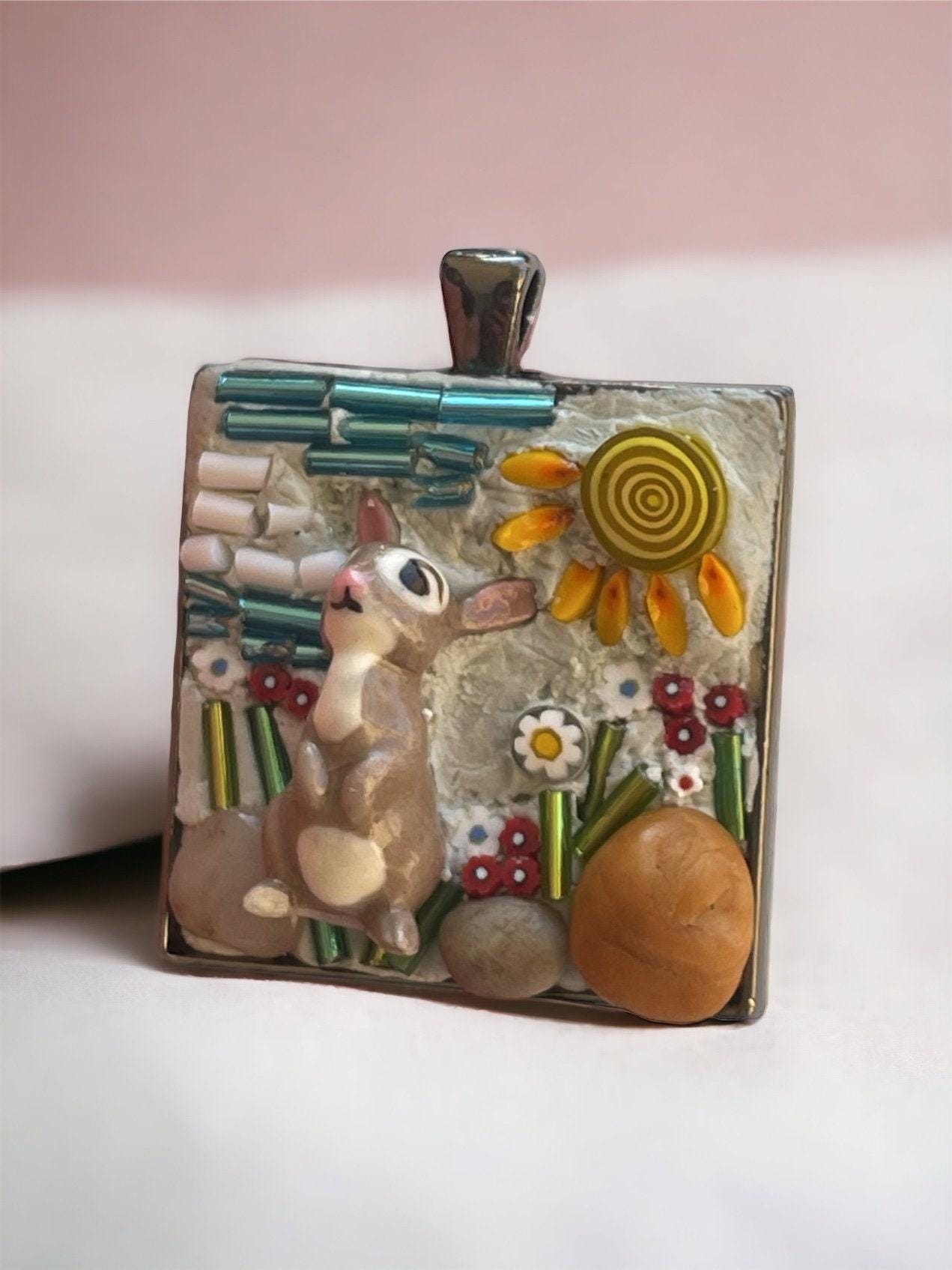 Micro Mosaic Pendant: Bone China Rabbit with Beach Flowers (1.5 inch)