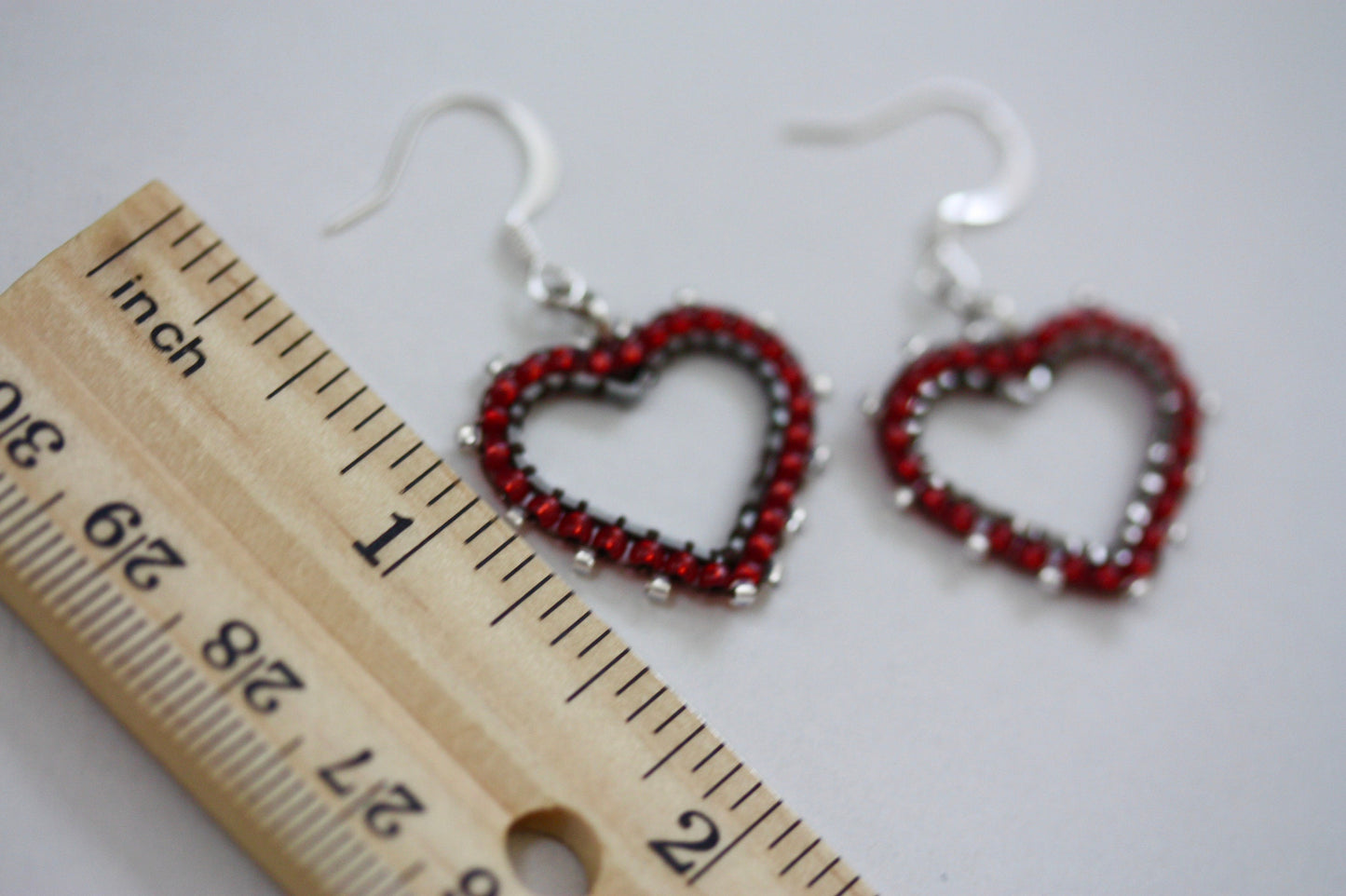 Small intricately beaded heart dangle earrings - original beadwork