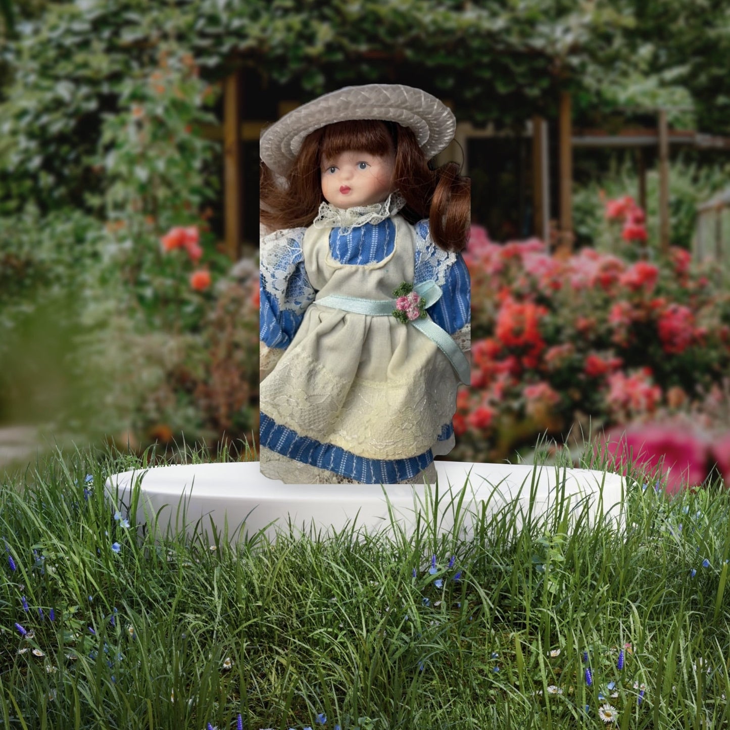 Stunning vintage porcelain doll - unknown origin - blue dress, straw hat