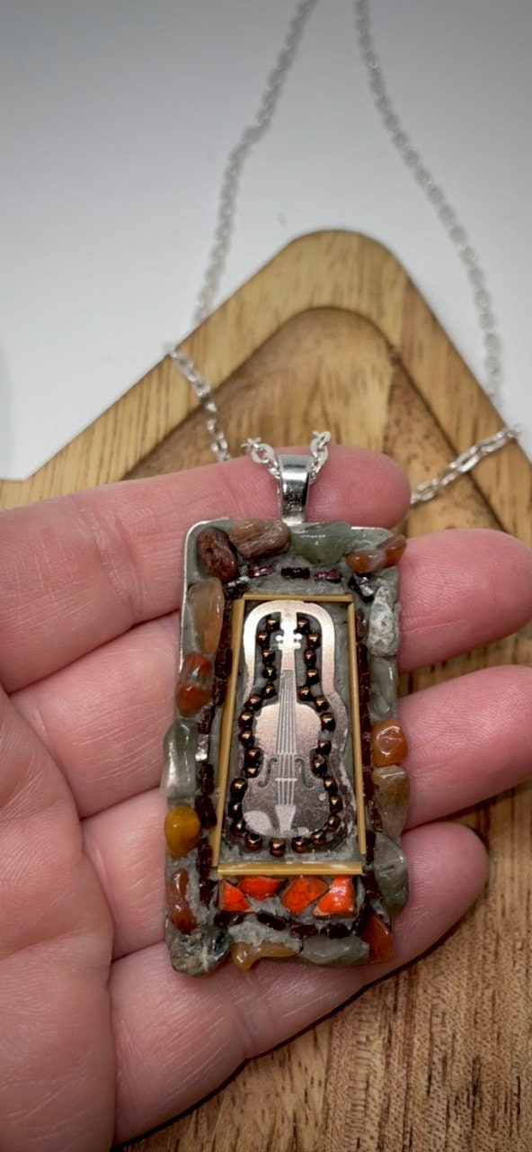 My favorite guitar - one-of-a-kind micro mosaic necklace with mixed material including stone, metal, hand cut tile and strips of glass