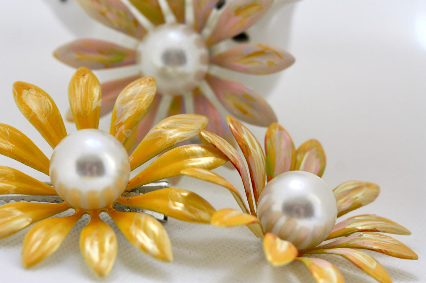 Handpainted vintage metal enamel daisy 3" flower hair clips with large faux pearl centers - or pin