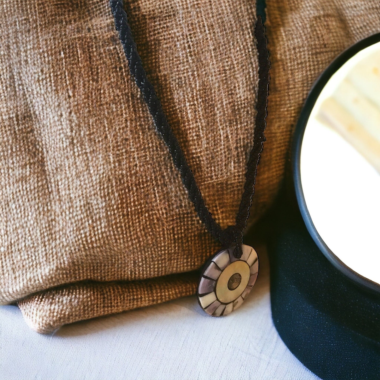 Vintage inlaid abalone and lavender mother of pearl on black multi strand seed beaded necklace