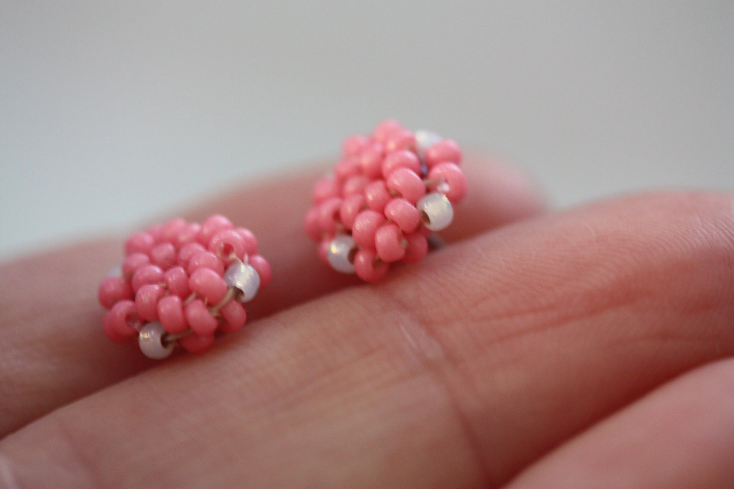 Hand beaded stud earrings - pink and white - studs, beadwork studs, beaded studs