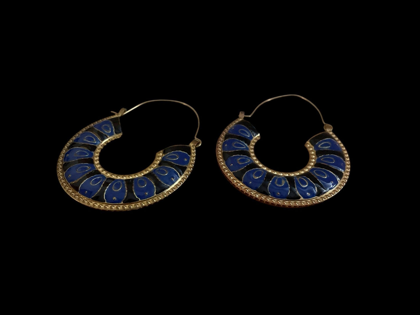 Vintage Brass & Blue Enamel Hoop Earrings – Boho Tribal Style Statement Earrings, Retro Artisan Jewelry