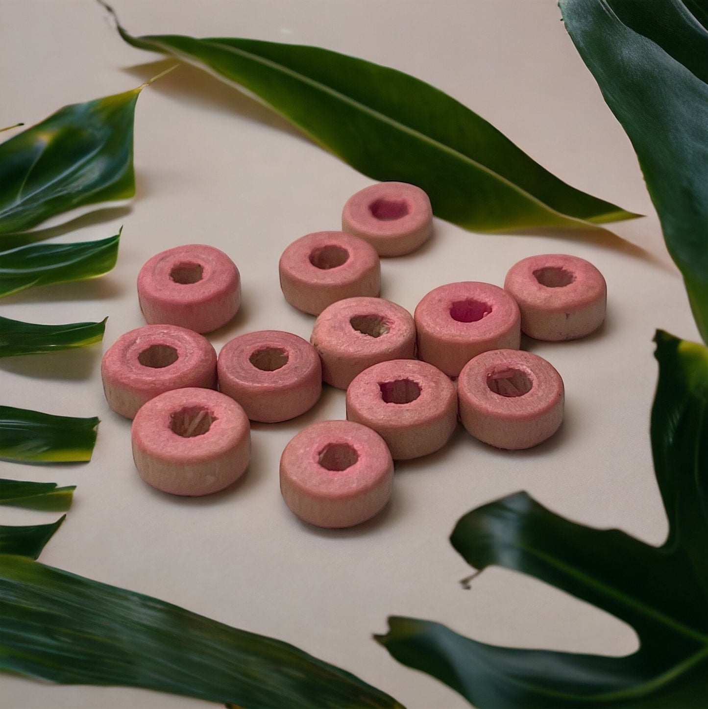 Round flat pink wood vintage beads - approx. 8 mm each