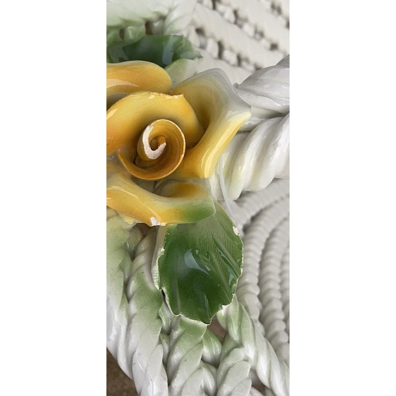 Magnificent huge woven Capodimonte porcelain basket with yellow flowers and green leaves, Made in Italy, hand painted