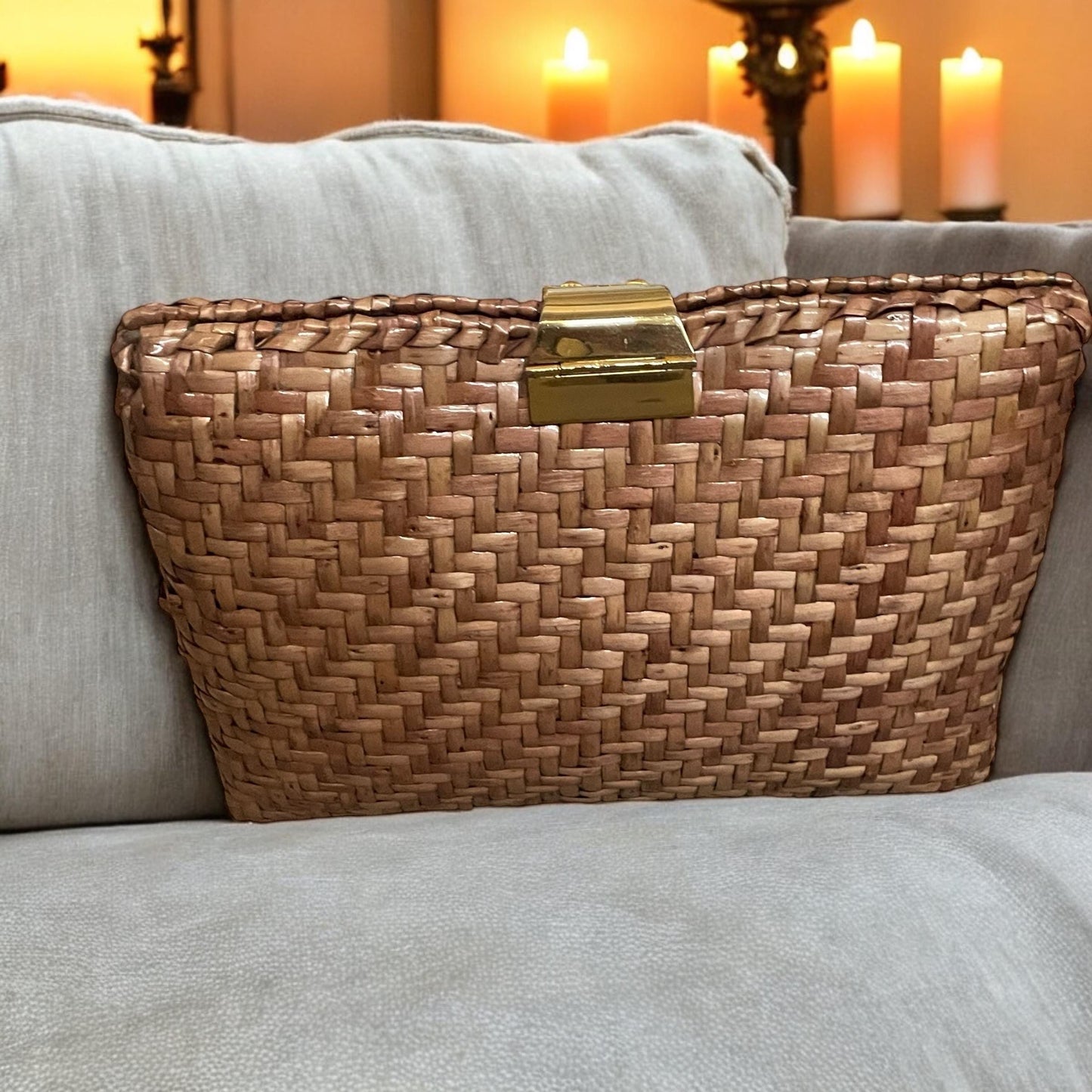 Vintage Wicker Handbag - Brown Wicker Shoulder Bag With Chain Handle & Zipper Pocket