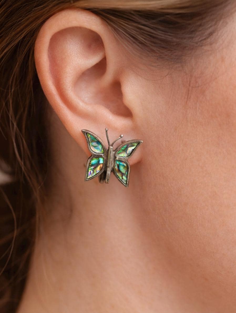 Vintage Abalone Butterfly Earrings signed Hecho en Mexico Screwback Mexican Silver Tone Shell Inlay Mid Century Nature Jewelry