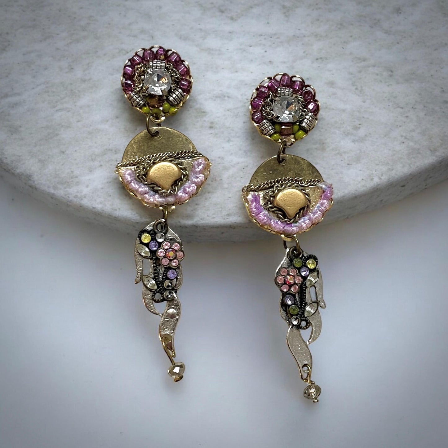 Handmade shades of lavender & purple mixed media earrings made with glass beads, crystals, chain, metal and other upcycled mixed materials