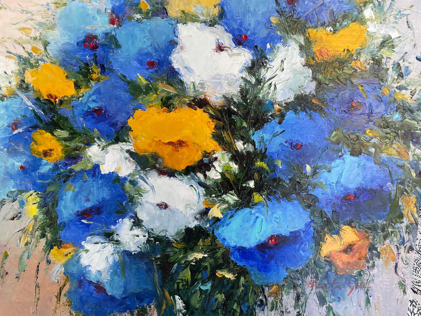 Original Signed Abstract Floral Painting – Large Blue & Yellow Impasto Flowers, Hand-Painted Textured Canvas Art