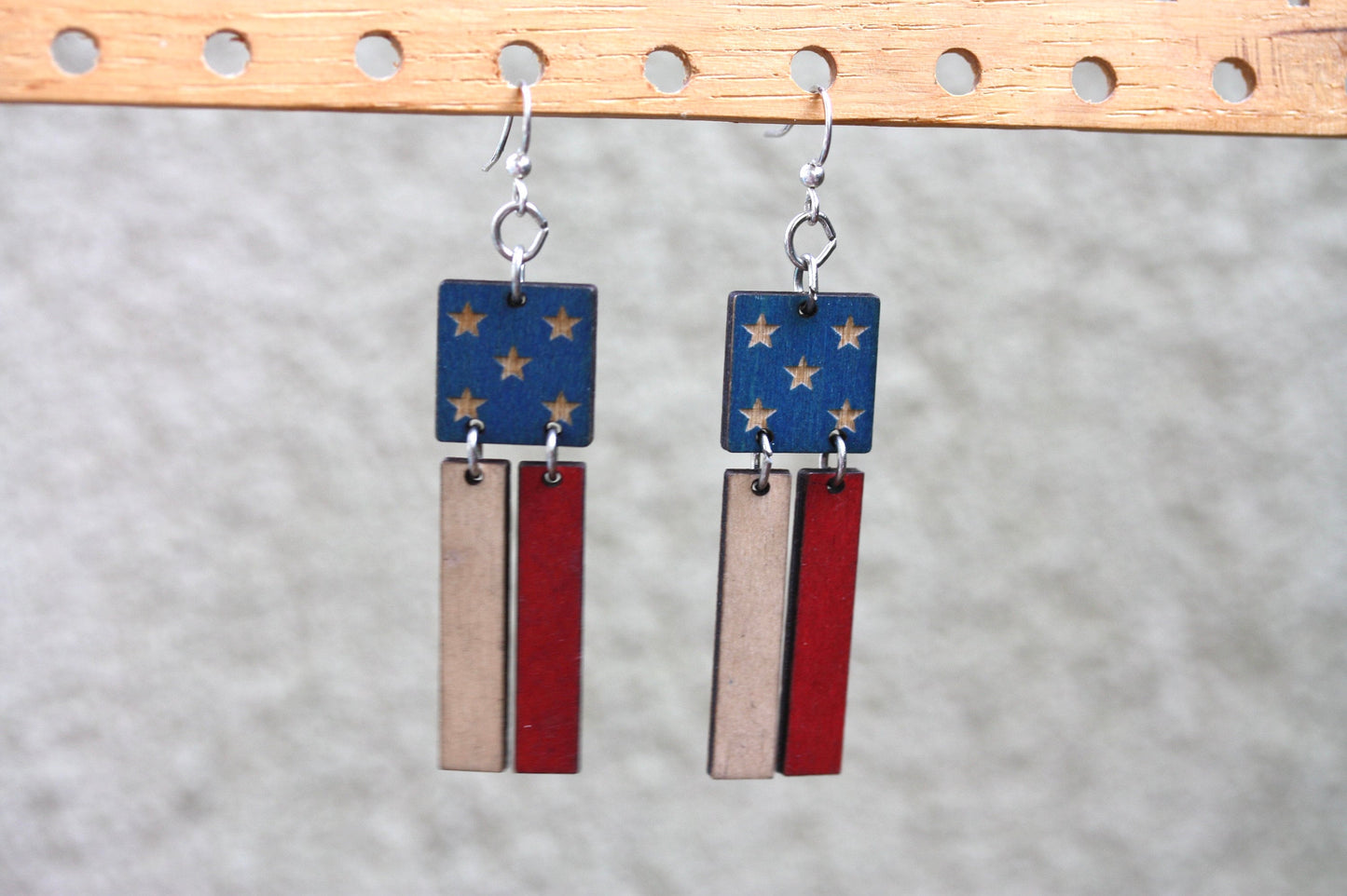 Vintage folk art style American flag all wood dangle earrings - perfect for July 4 or any day
