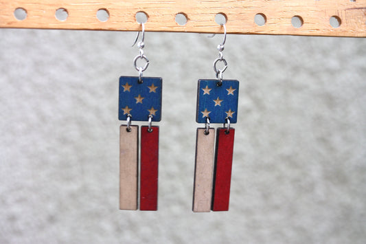 Vintage folk art style American flag all wood dangle earrings - perfect for July 4 or any day