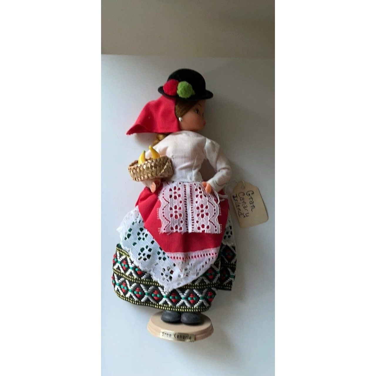 Vintage signed Muneca Artesana Beibi doll figurine - Made in Spain - holding wicker basket with miniature fruit