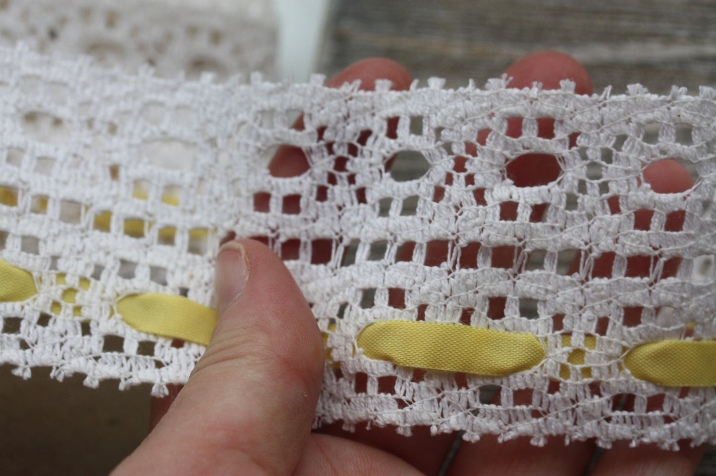 Stunning wide vintage white lace with yellow ribbon - by the yard