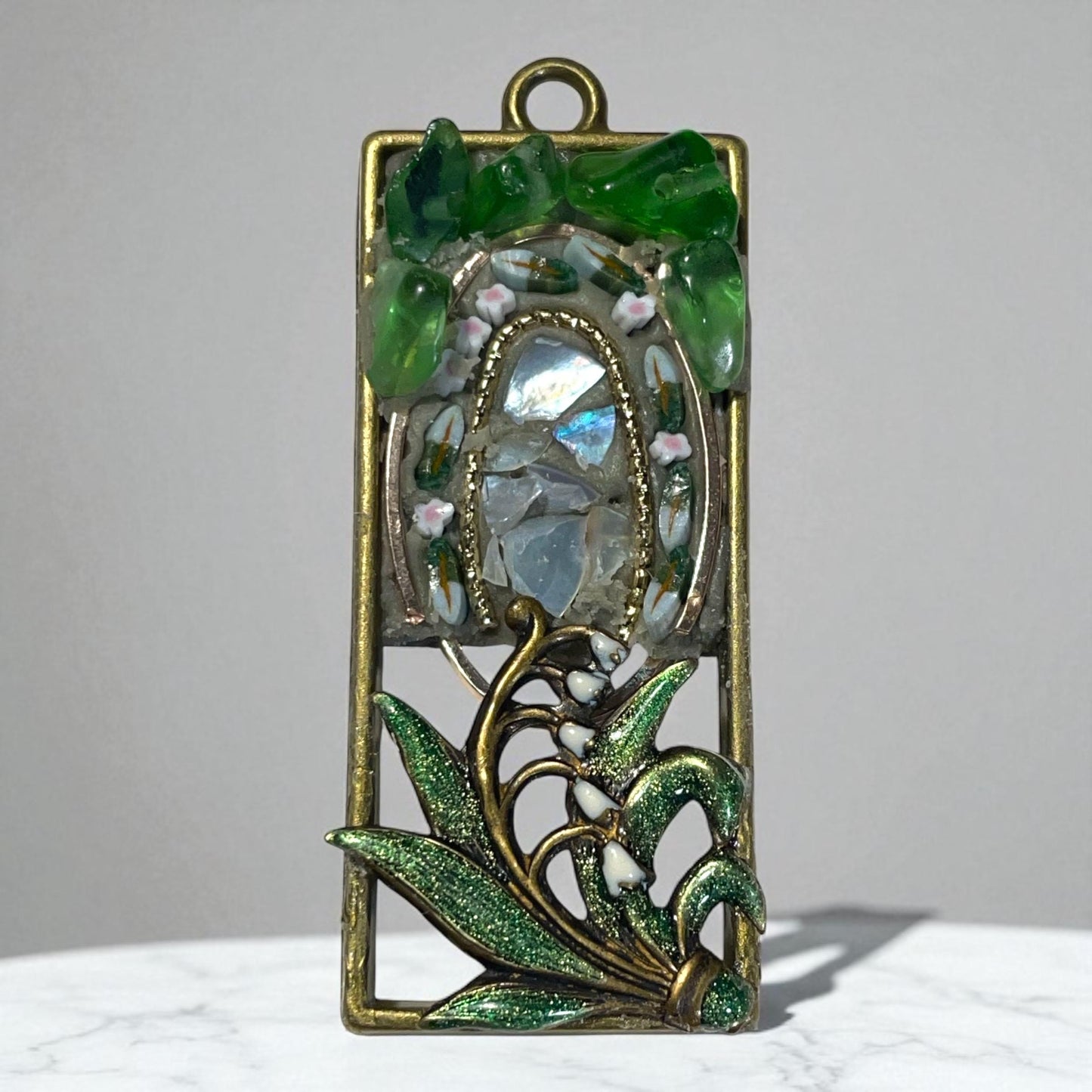Handmade mosaic necklace -Enameled Lily of the Valley, hand cut glass murrini, glass chips & inlaid mother of pearl, matching chain included