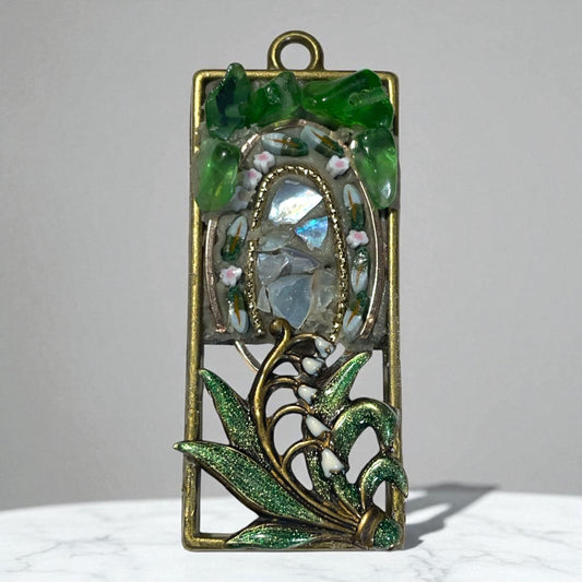 Handmade mosaic necklace -Enameled Lily of the Valley, hand cut glass murrini, glass chips & inlaid mother of pearl, matching chain included