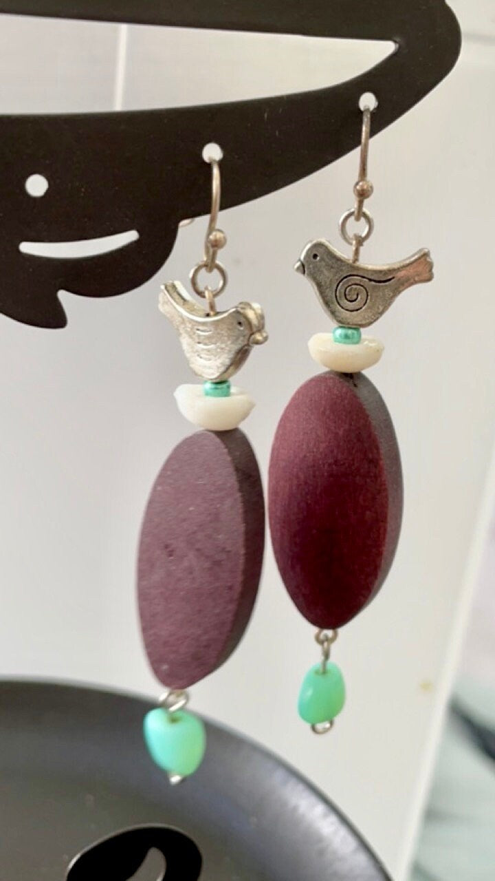 Handmade "Bird Nest" mixed material earrings -metallic birds on oval wood base with turquoise seed beads and milky white vintage glass beads
