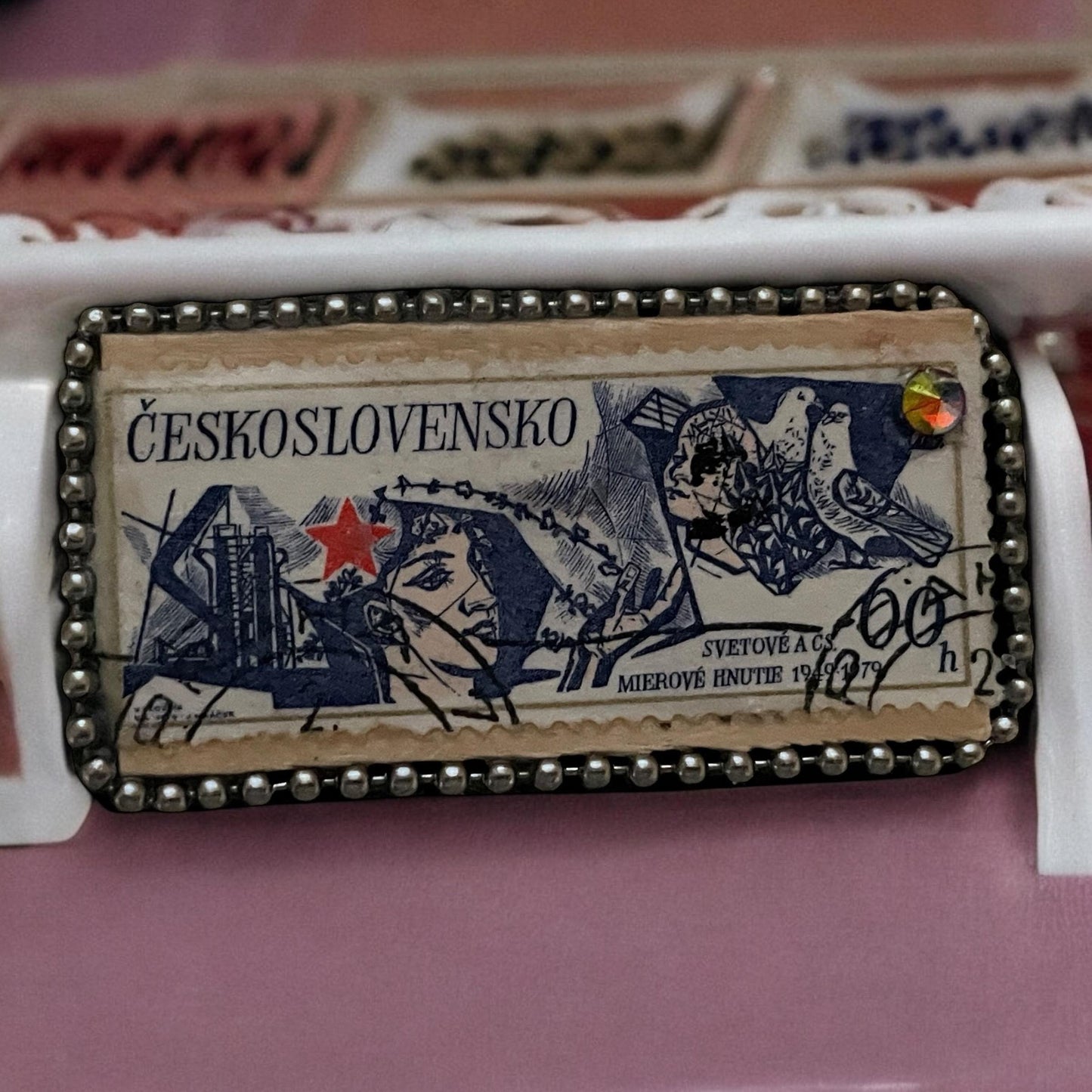 Pin or necklace pendant hand made from genuine vintage and antique postage stamps from around the world - Ceskoslovensko