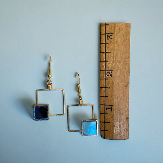 Unique geometric dangle earrings with blue mirrors