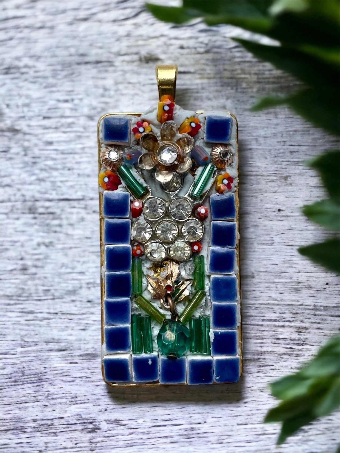 Mixed Material Micro Mosaic - tile, glass, metal and rhinestones - Assemblage art necklace pendant