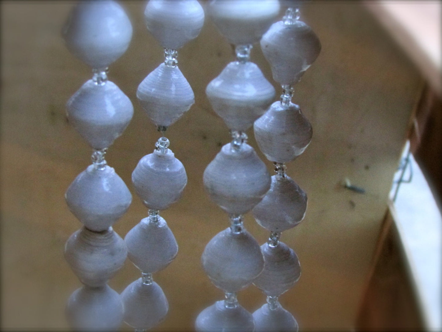 Unique white vintage artisan necklace - beads look like porcelain but are actually made of rolled paper that's been painted & sealed
