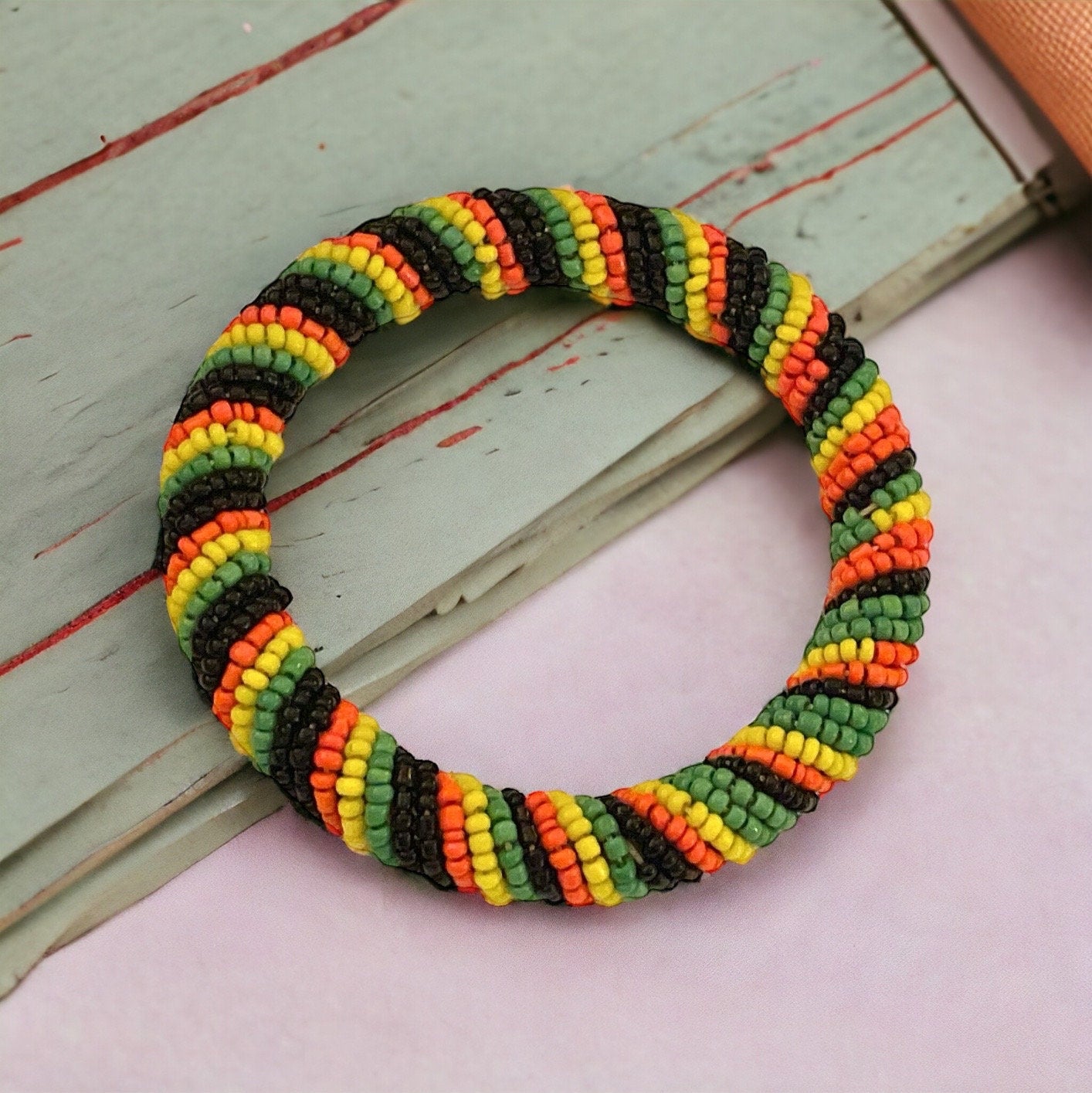 Seed beaded vintage bangle bracelet - Orange, yellow, green and black