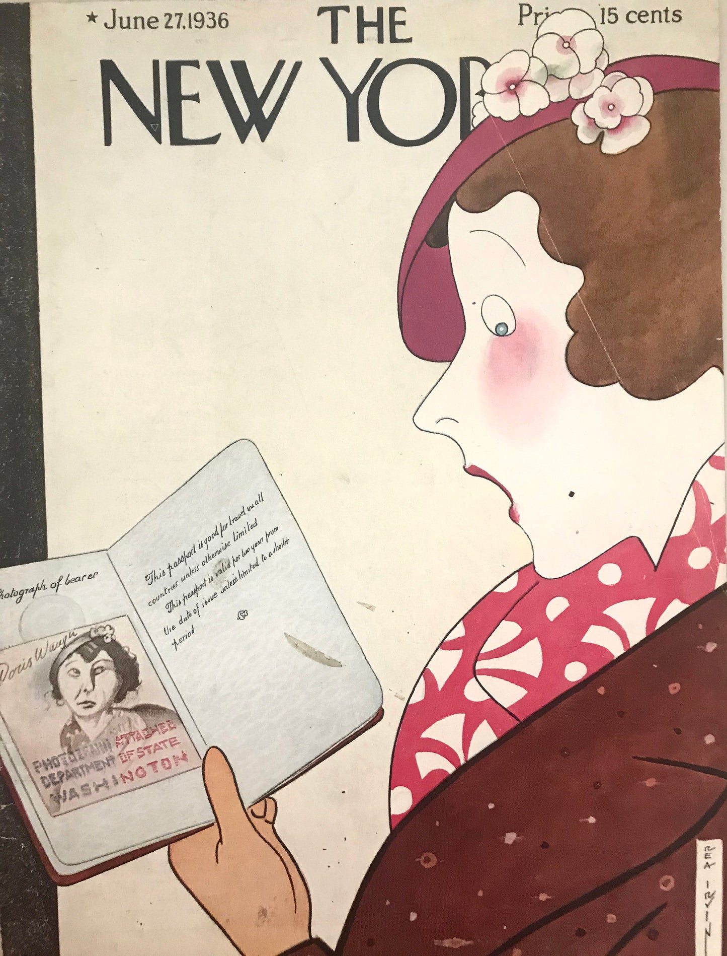 Very Rare - June 27, 1936 - NEW YORKER Magazine cover-woman looking at passport picture