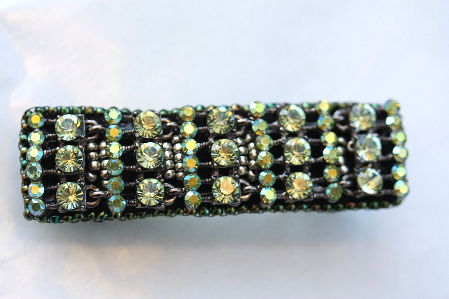 Stunning green AB crystal style rhinestone, metal and glass beadwork hair barrette - hair clip, hair accessories