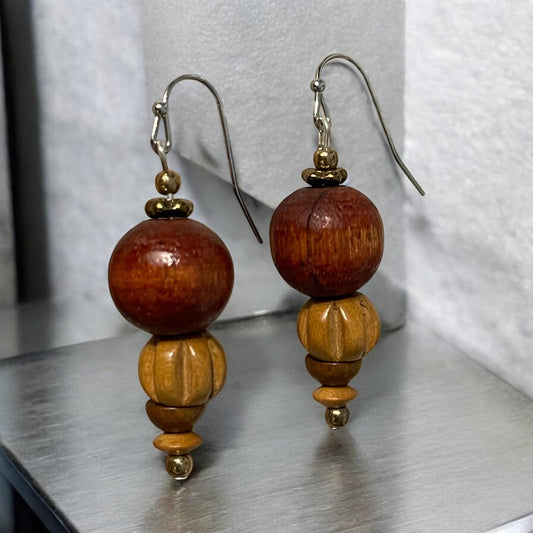 Handmade dangle earrings made with vintage wooden beads