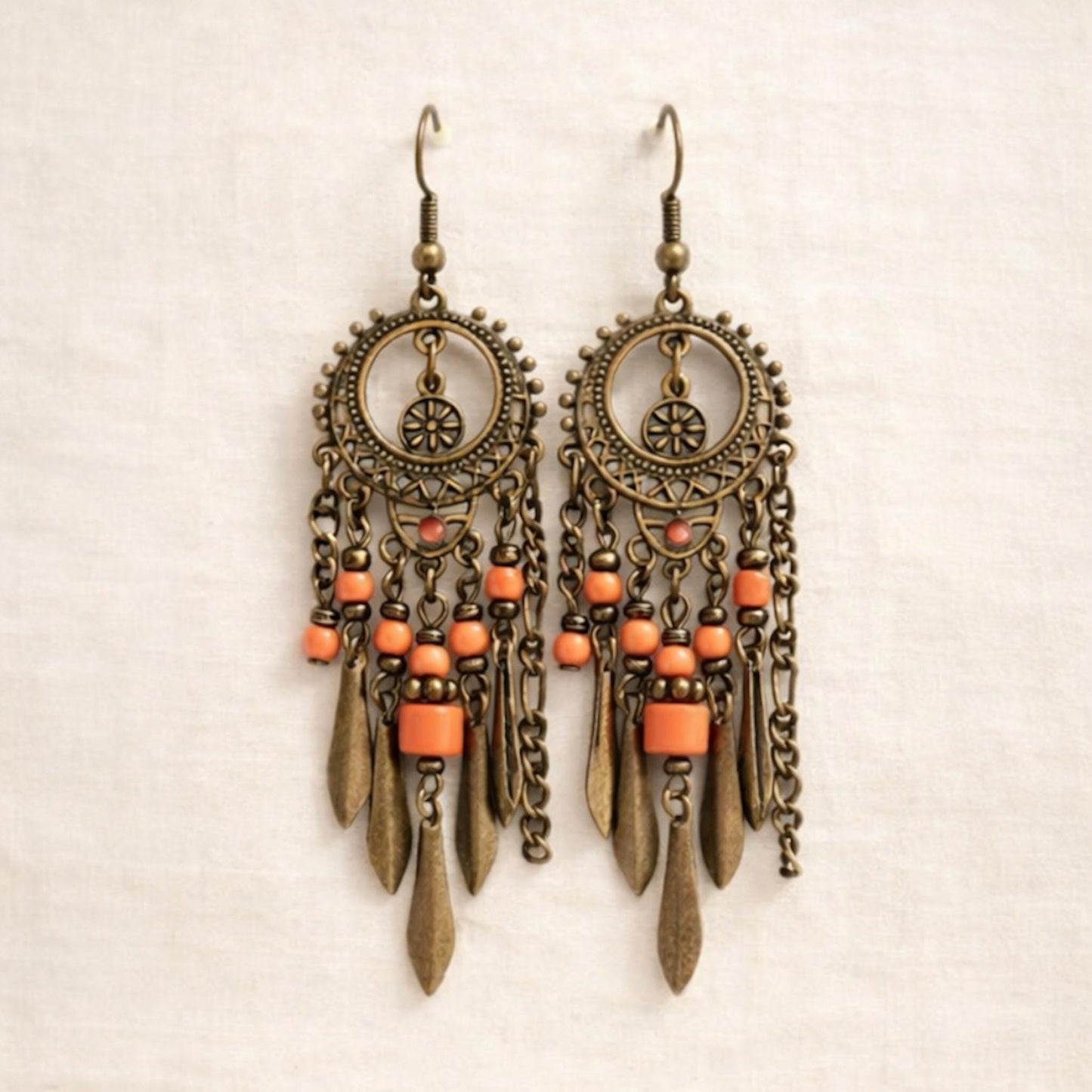 Boho Chandelier Earrings • Coral Bead Dangle Earrings • Faux Antique Brass • Bohemian Statement Earrings • Long Drop Earrings 3.25" long