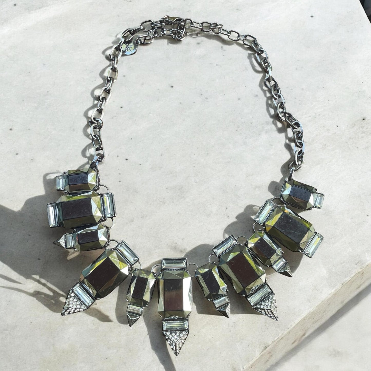 RJ Graziano Statement Necklace, Gunmetal Crystal Bib Necklace with pave rhinestones, Art Deco style Chunky Silver Jewelry, Geometric Glam
