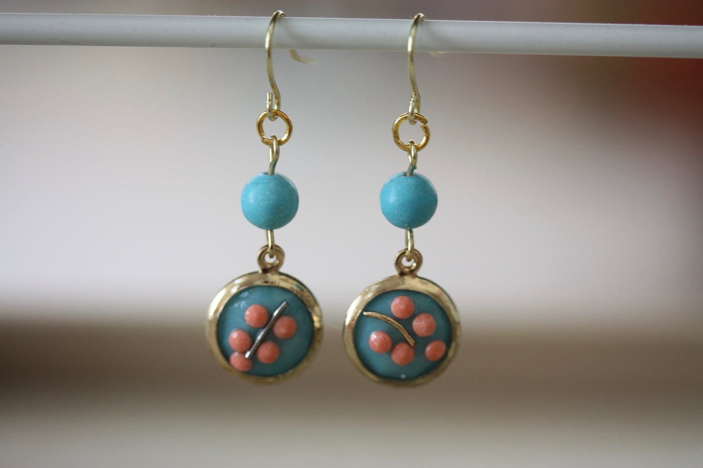 Sweet handmade peach dotted blue floral dangle earrings
