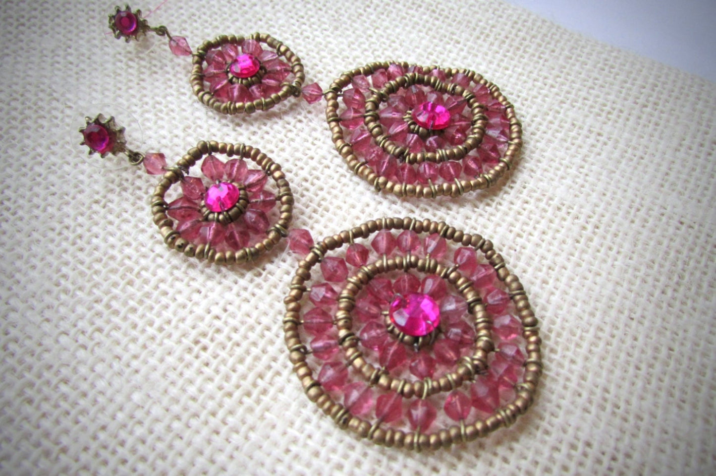 Very long handcrafted vintage pink & gold beaded earrings - mandala style