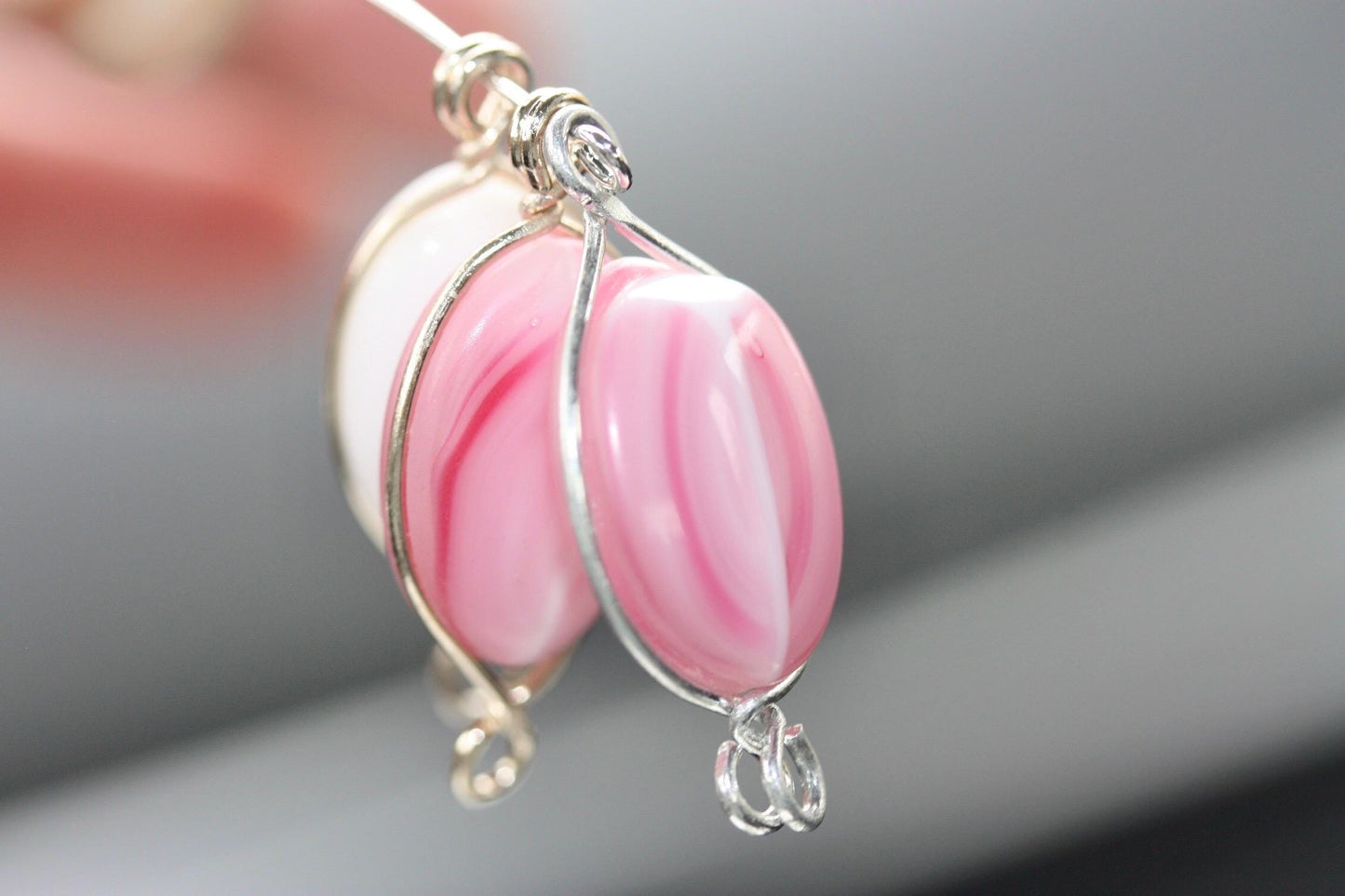Unique pink and white swirled art glass beads - with wires